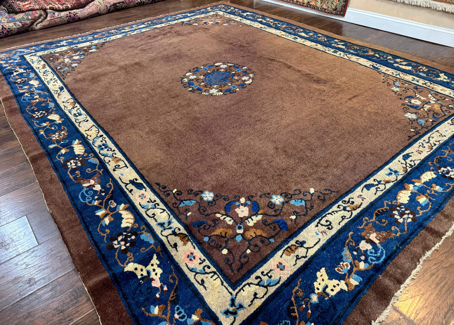 Antique Chinese Wool Rug 9x11, Large Chinese Art Deco Rug, Peking Rug, Brown and Blue, Open Field, Fete Rug - Nuvé