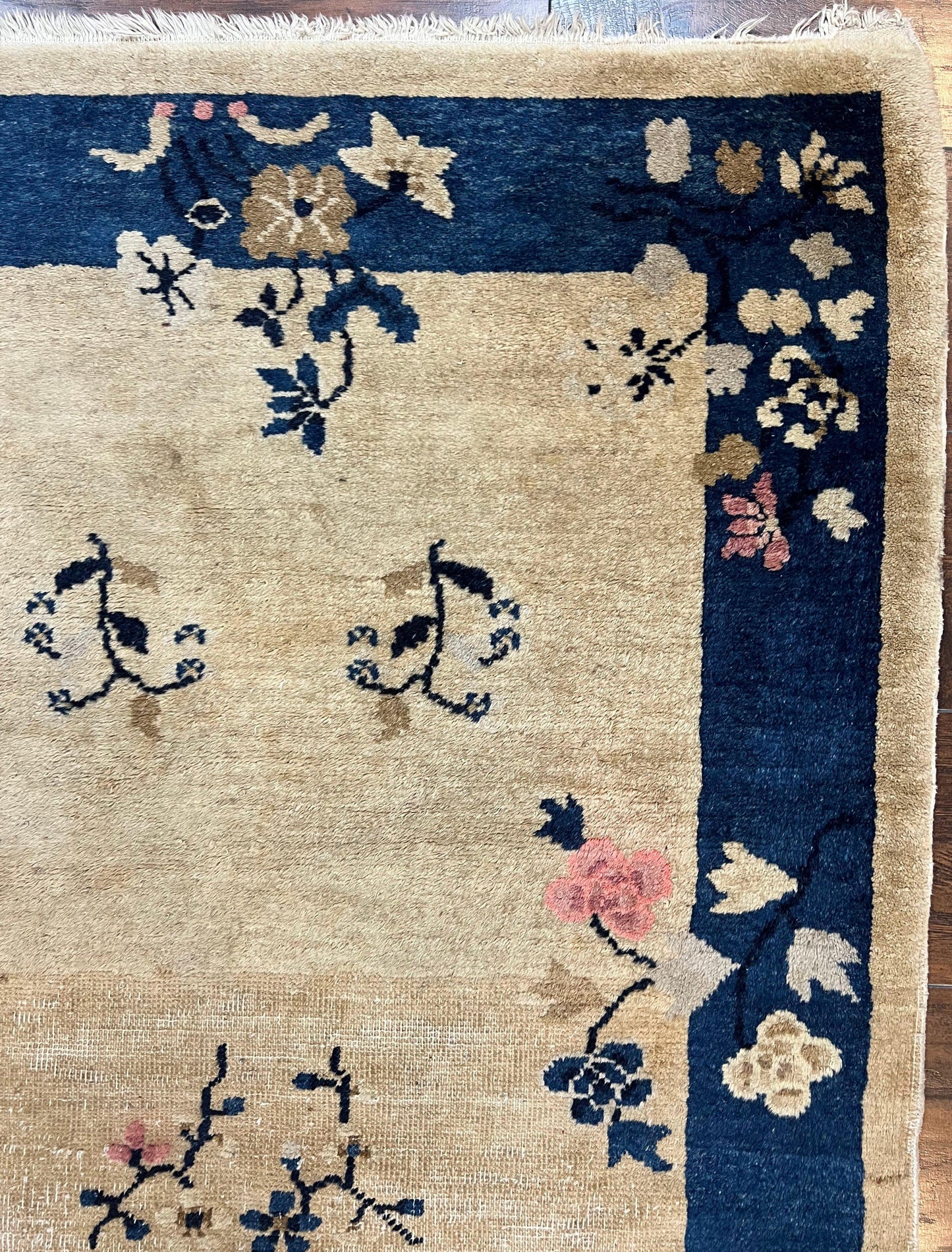 Antique Chinese Peking Rug 3x6, Beige and Dark Blue Hand Knotted Handmade Asian Oriental Carpet, Floral Vases, Vintage Wool Art Deco Rug - Nuvé