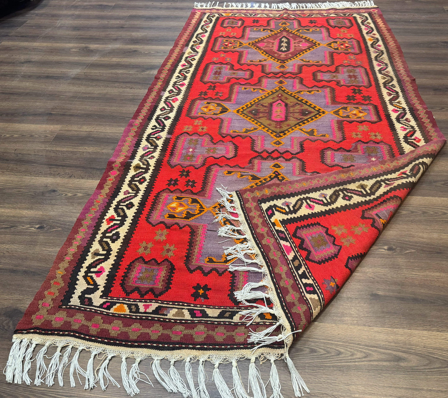 Persian Kurdish Zarand Kilim Rug 5x9, Red, Geometric Medallions, Wide Runner - Nuvé