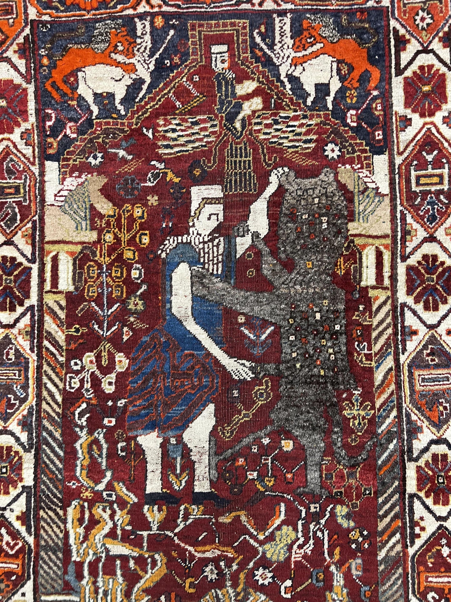 Antique Persian Shiraz Pictorial Rug 3.6 x 5, Persian Tribal Rug, Handmade, Lions, Highly Unique Collectible Small Persian Carpet, Maroon, Wool - Nuvé