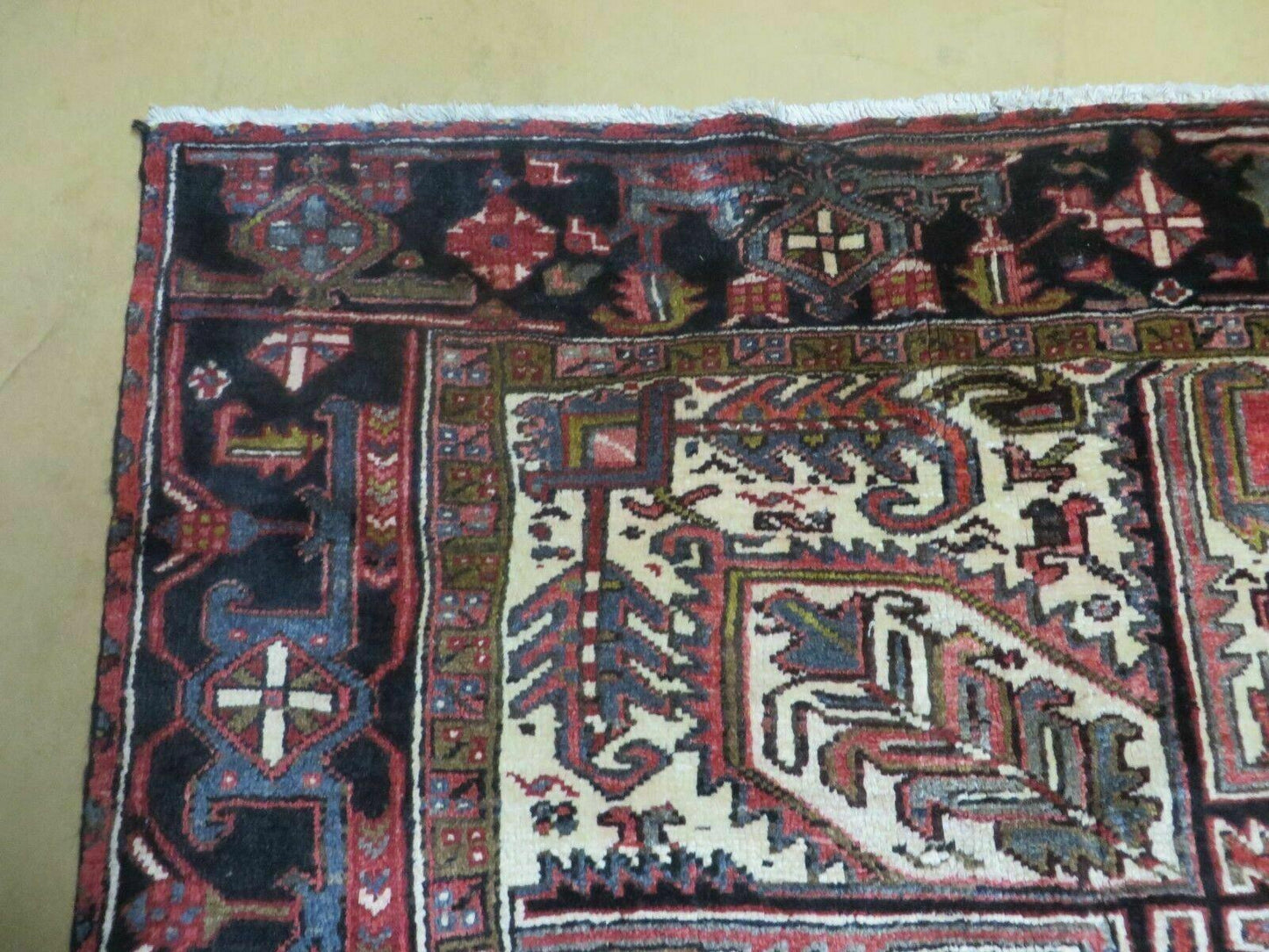 Persian Heriz Rug 8x12 Semi Antique Heriz Carpet, Room Sized Persian Carpet, Geometric Medallion, Wool, Hand Knotted, Red Ivory Dark Blue - Nuvé