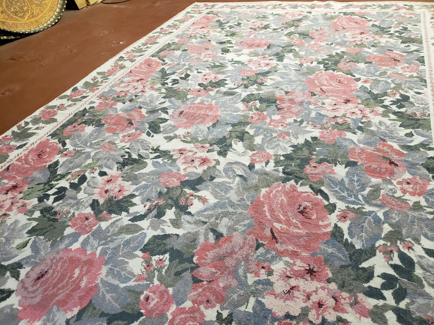 5x8 Needlepoint Rug 5' 4" x 8' 3" Wool Flat Weave Floral New Unused Carpet English Design Ivory Large Pink Flowers Green Leaves Hand-Knotted - Nuvé