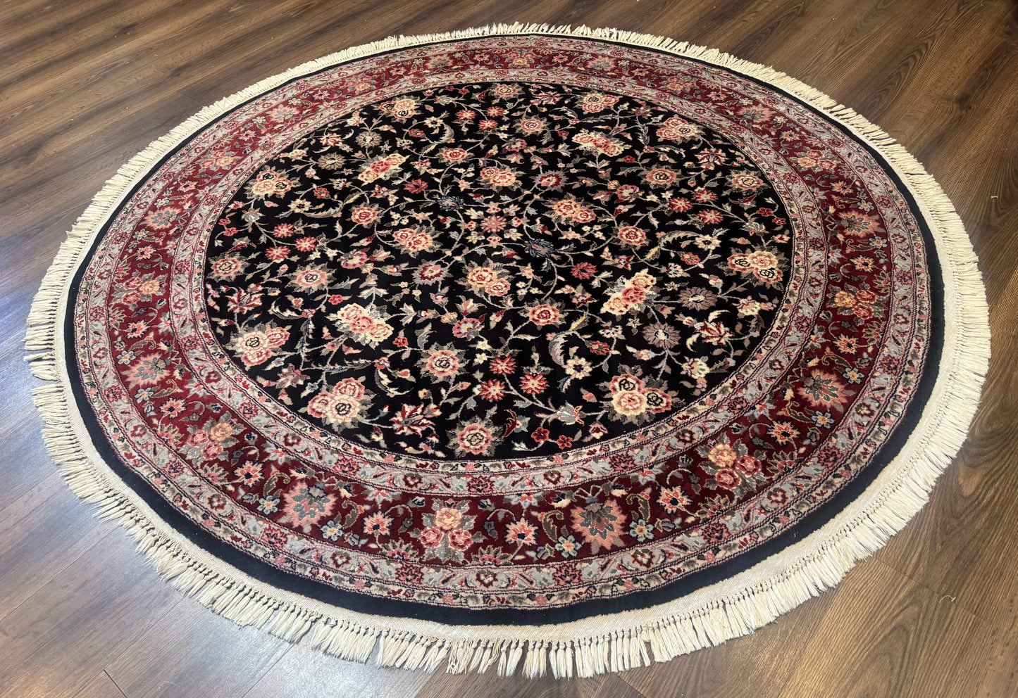 Round Sino Persian Rug 6x6, Floral, Navy Blue and Red, Wool and Silk Highlights - Nuvé