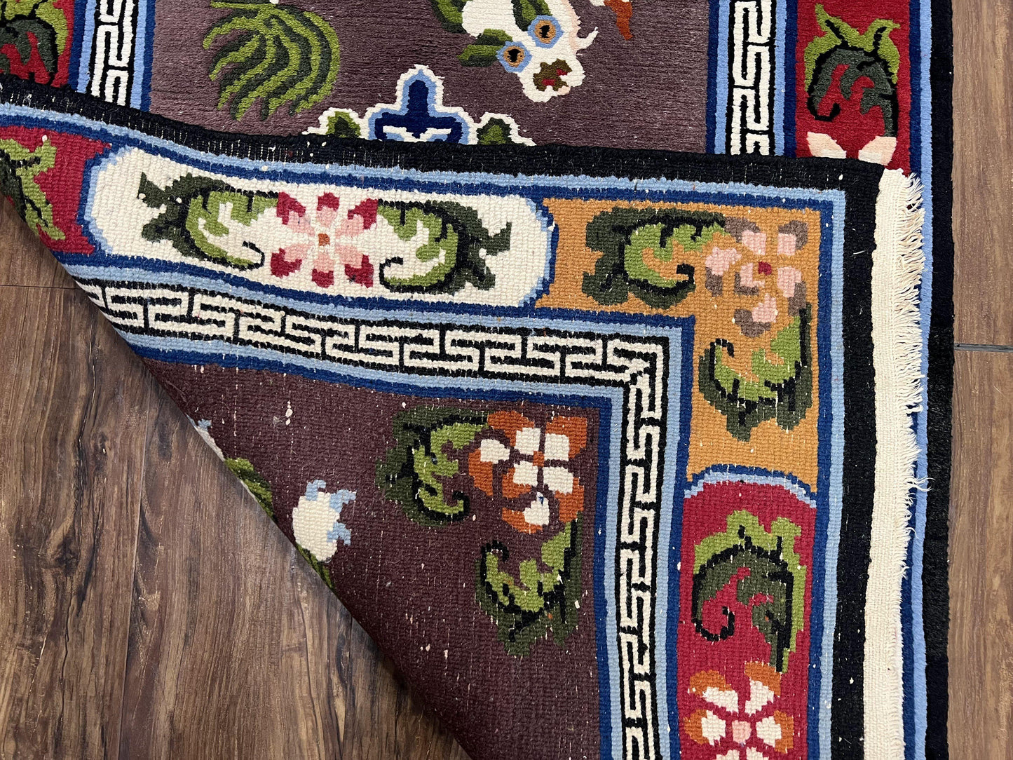 Chinese Art Deco Rug 3 x 5.5 with Animal Pictorials, Vintage Chinese Peking Wool Area Rug, Dark Puce Maroon Ivory, Hand Knotted Soft Carpet - Nuvé