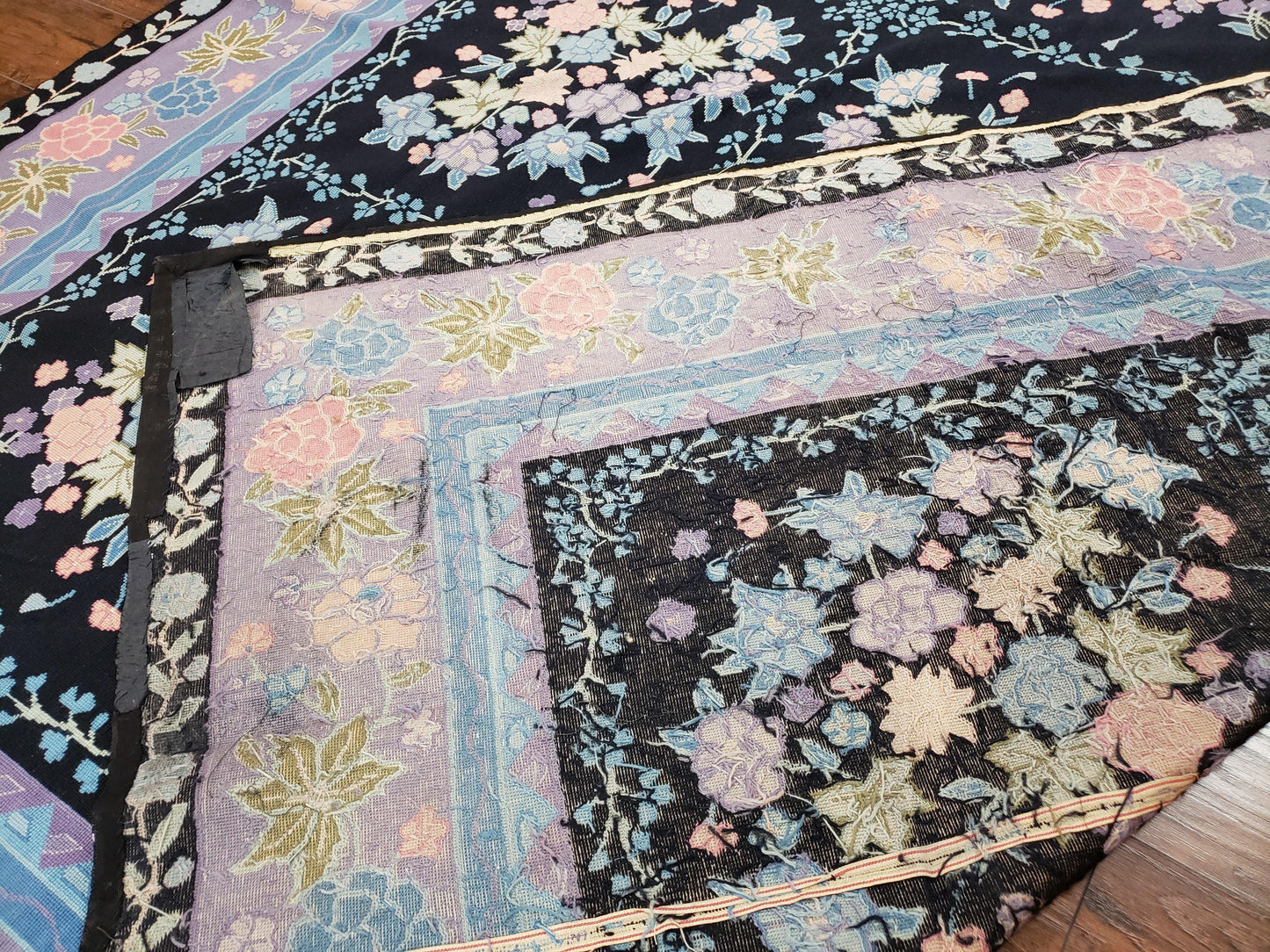 Chinese Needlepoint Rug 8 x 11.4, Hand-Woven Area Carpet, Flatweave Rug, Black Blue Light Violet Floral Garden European Design Wool Aubusson - Nuvé