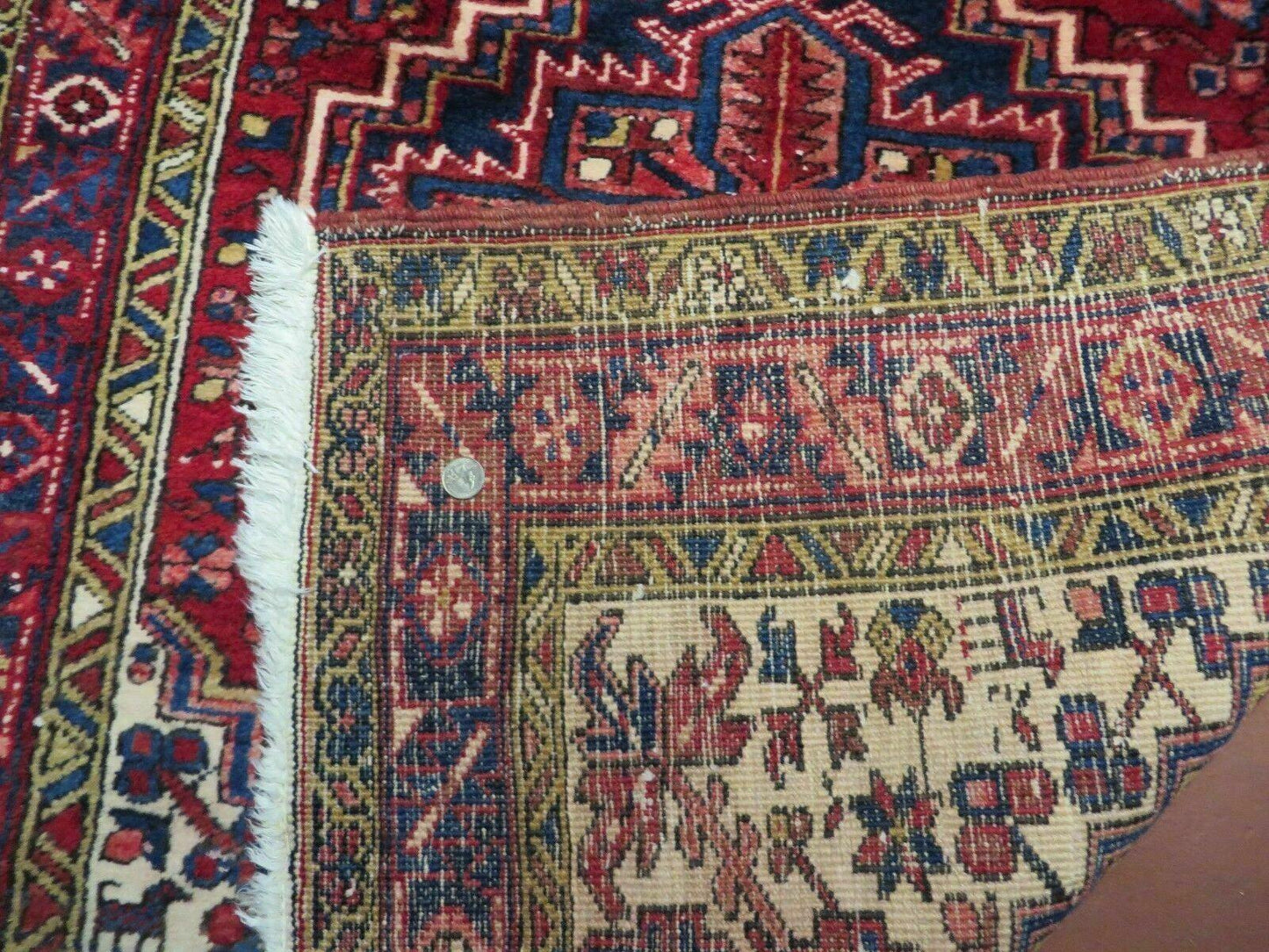 Persian Runner Rug, Heriz Runner Rug, Geometric Medallions, Red Cream Navy Blue Wool Hallway Rug 3.9 x 10.8 Antique Oriental Runner Handmade - Nuvé