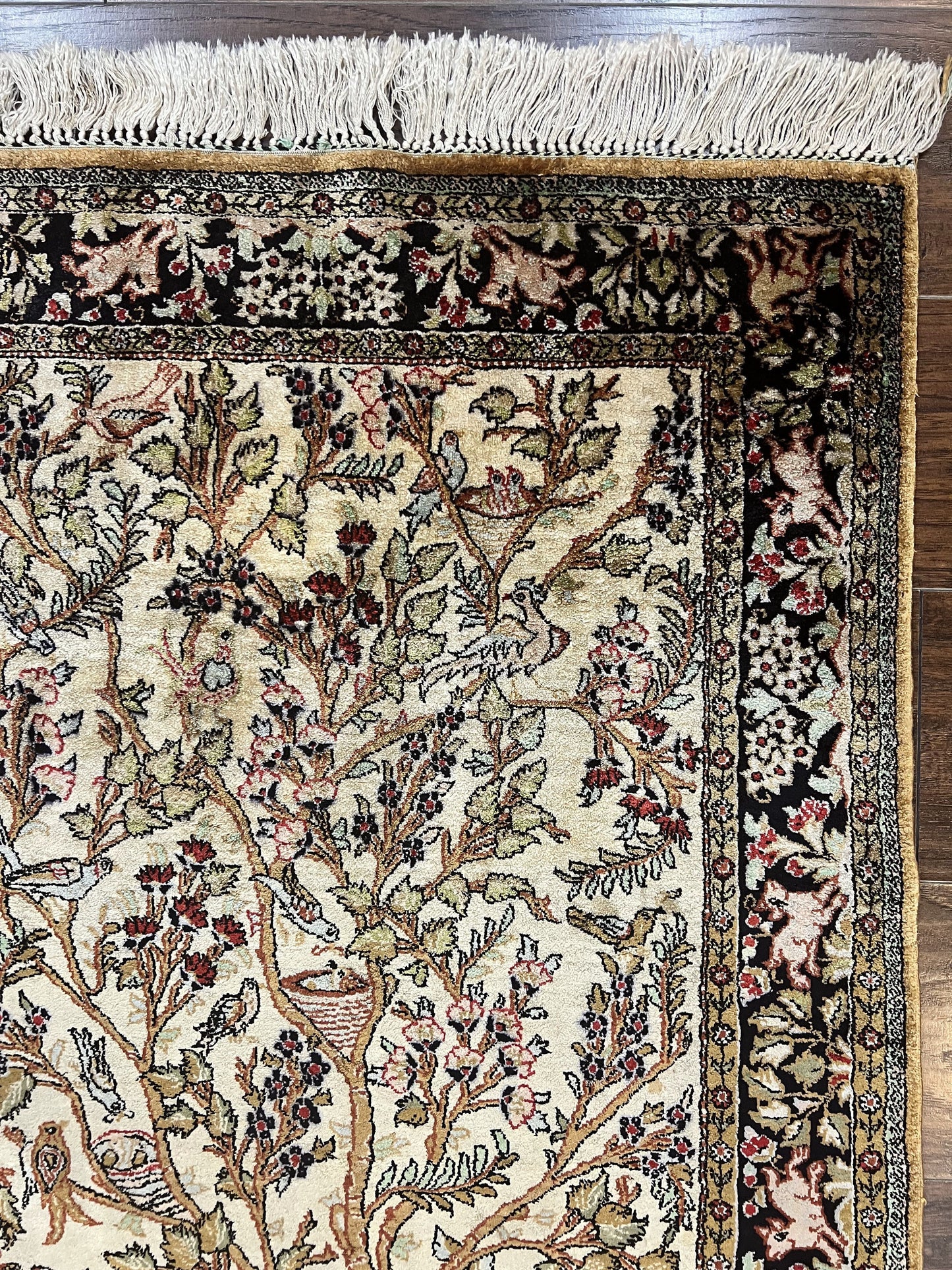 Silk Tree of Life Persian Qum Rug 3x4, Hand Knotted Vintage Carpet, Cream & Black, Very Fine Oriental Rug, Animal Pictorials, Birds - Nuvé