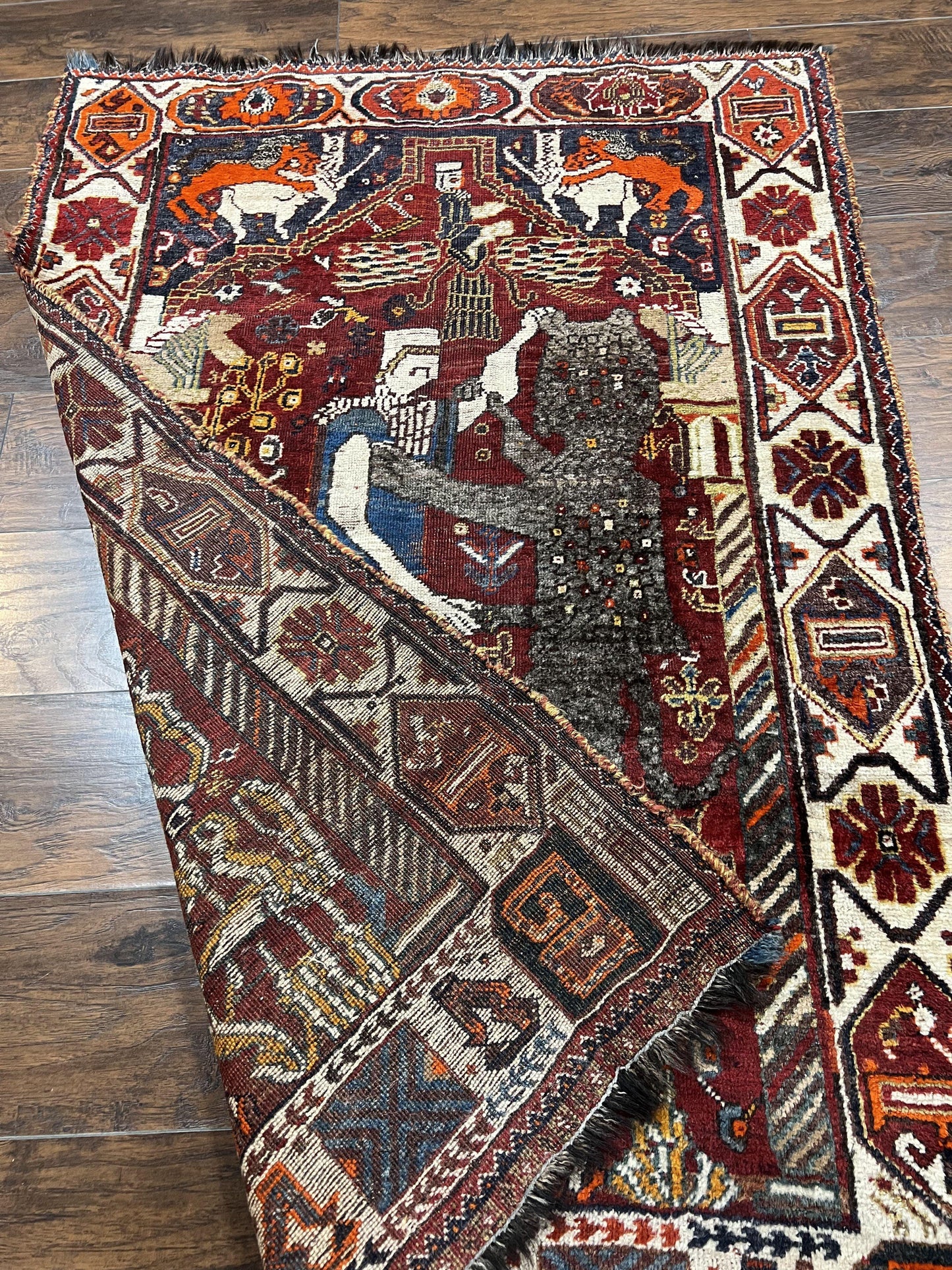 Antique Persian Shiraz Pictorial Rug 3.6 x 5, Persian Tribal Rug, Handmade, Lions, Highly Unique Collectible Small Persian Carpet, Maroon, Wool - Nuvé