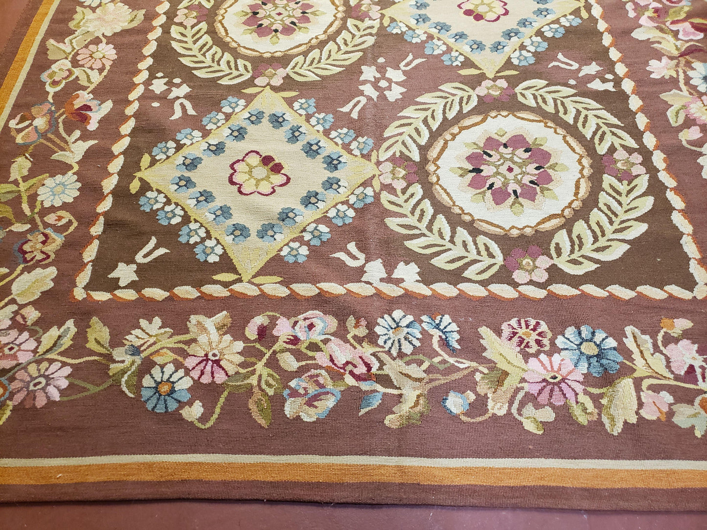 Aubusson Rug 6 x 9 Flat Weave Area Carpet European Design Flowers New Brown Rug Handmade Wool Hand-Knotted Aubusson Weave Medium Rug 6x9 - Nuvé