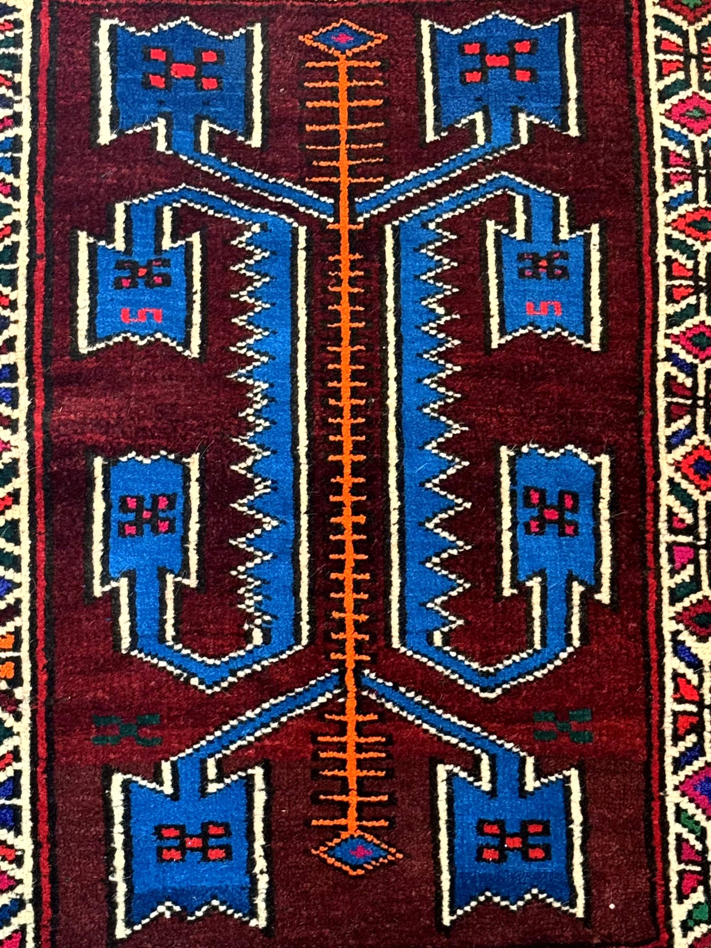 Persian Tribal Rug 1.8 x 2, Small Balouchi Rug, Unique Design, Burgundy and Blue - Nuvé