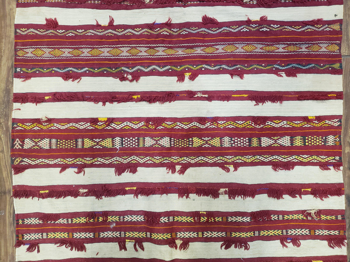 Antique Turkoman Yamud Rug 3x5 ft, 1920s Turkmen Sofreh Table Cover, Bohemian Rug, Tribal Collectible, Striped Rug, Handmade Ivory and Red