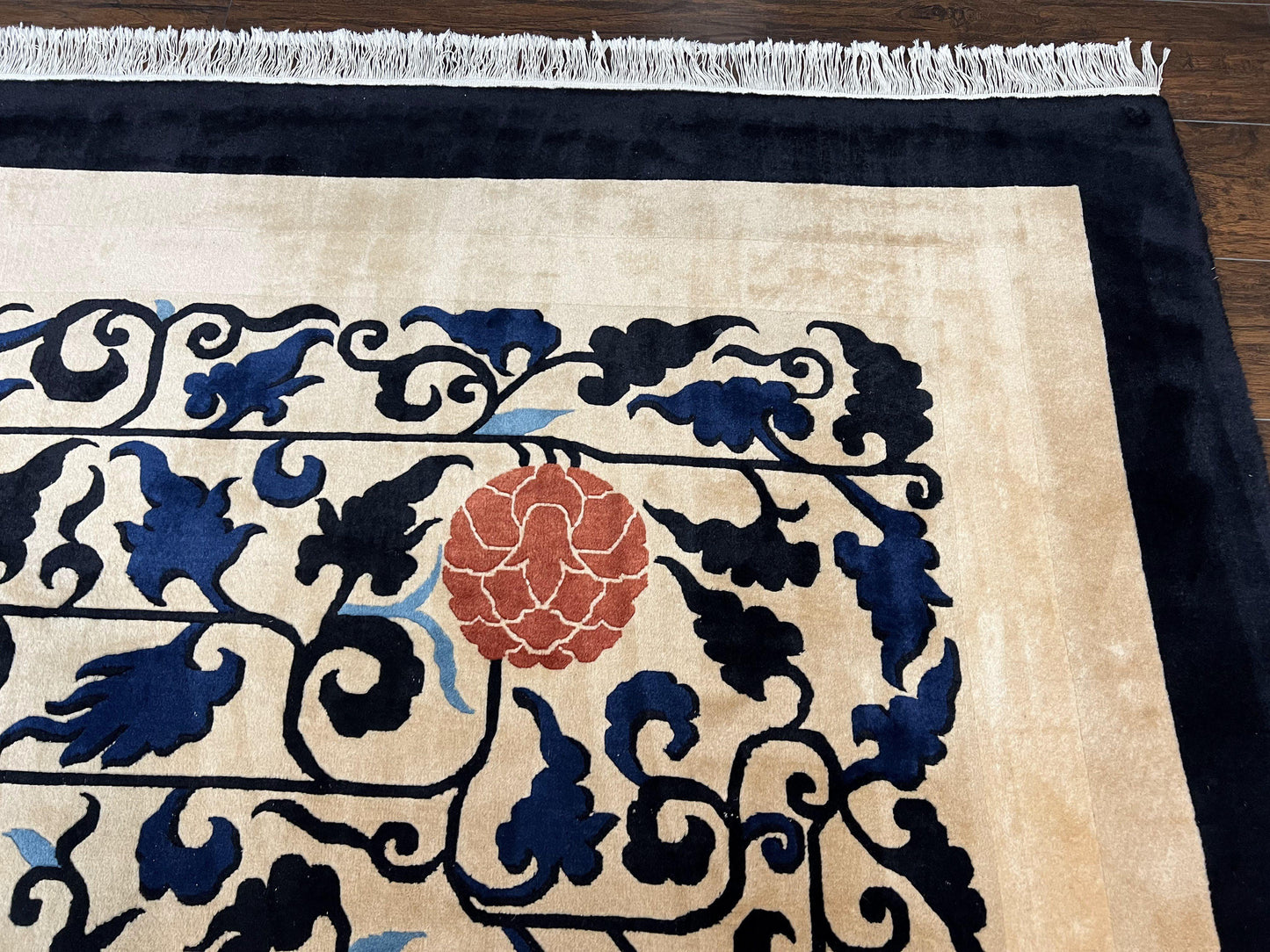 Antique Chinese Peking Rug 10x14, Beige Black, Handmade Wool Art Deco Carpet - Nuvé