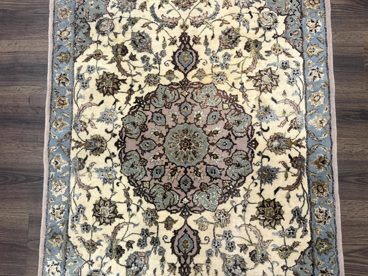 Persian Isfahan Rug 3x5, Fine 310 KPSI, Kork Wool Silk Foundation, Cream & Light Green - Nuvé
