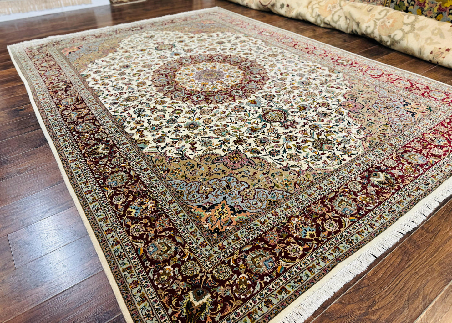 Persian Tabriz Rug 8x11, Floral Medallion Traditional Area Rug, Fine 300 KPSI, Ivory Maroon - Nuvé