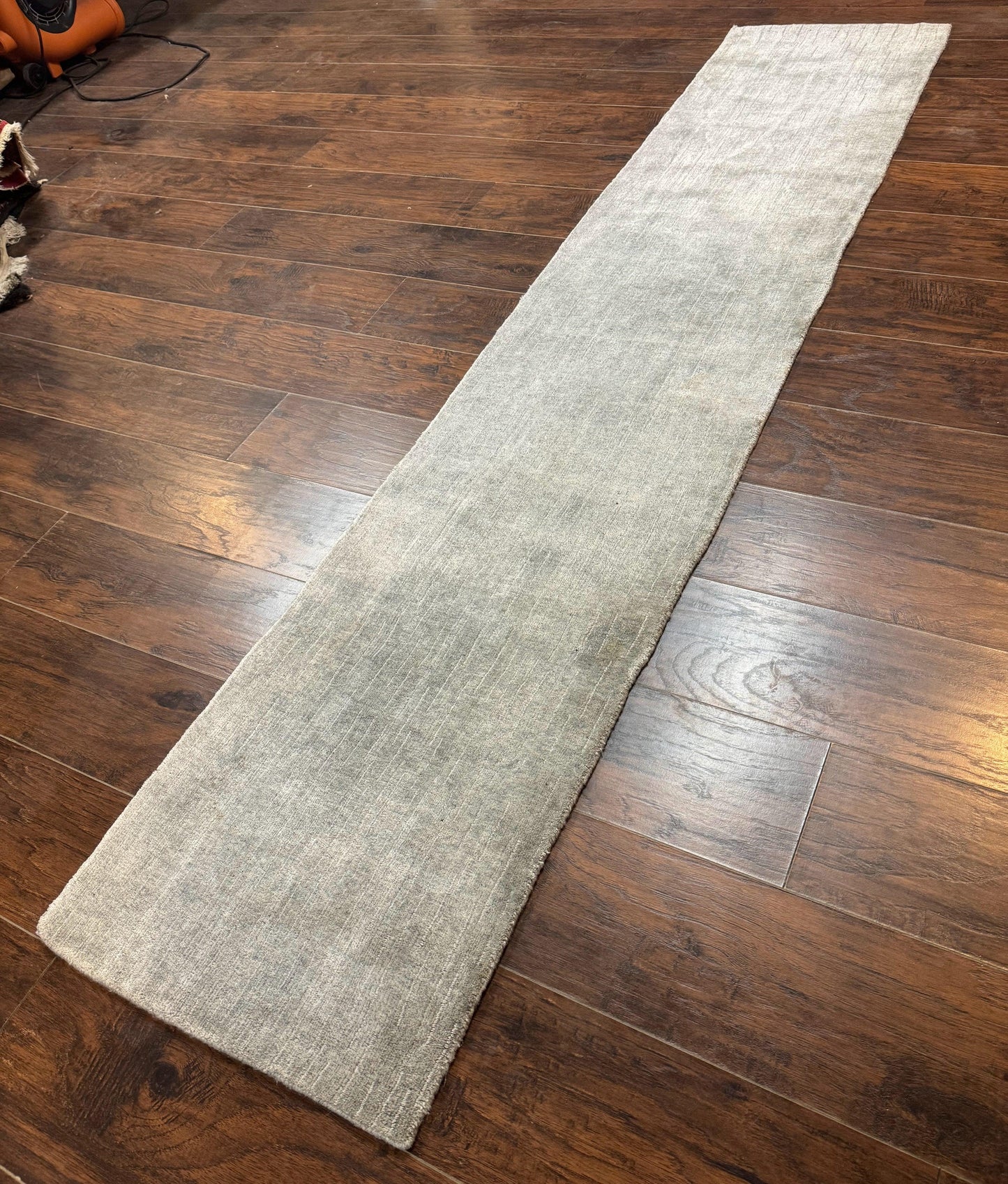 Modern Tibetan Runner Rug 1.9 x 8.6, Wool and Silk Highlights, Gray/Silver, Narrow Runner for Hallway or Kitchen - Nuvé