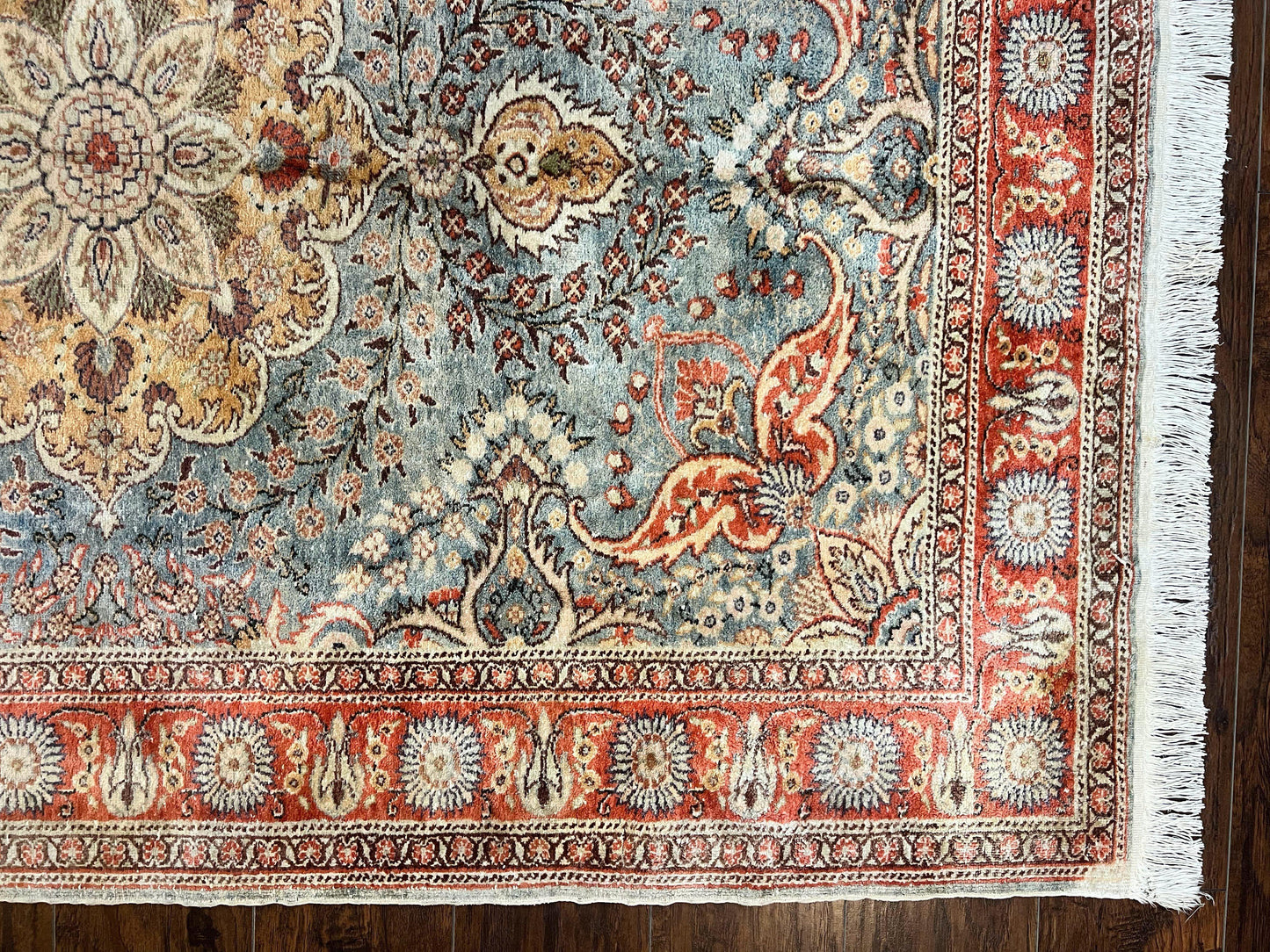 Silk Turkish Rug 5x7, Light Blue Silk Carpet, Floral Medallion, Turkish Kayseri Rug, Vintage Handmade Oriental Rug - Nuvé