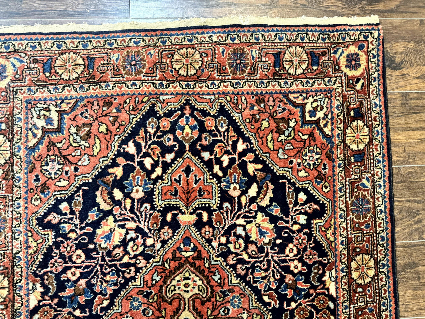 Persian Sarouk Rug 3.6 x 5, Medallion Rug, Red and Midnight Blue, Handmade Semi Antique Vintage Wool Carpet - Nuvé
