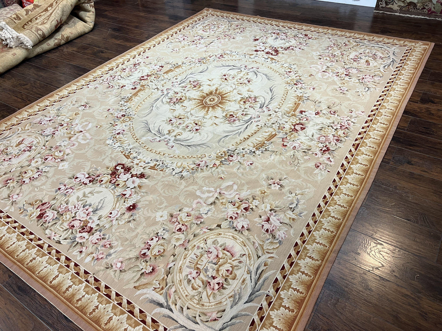 Aubusson Rug 9x12, Elegant Savonnerie Carpet 9 x 12 ft, Beige Ivory Tan, Floral, Flatweave Wool Handmade Area Rug 9 x 12 ft, European French - Nuvé