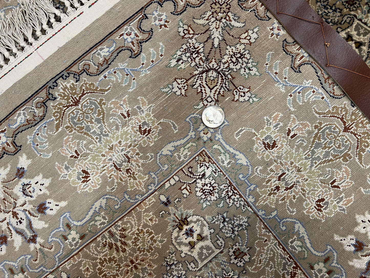 Super Fine Persian Isfahan Rug 3x5 ft, Kork Wool on Silk Foundation, Repeated Floral Motif, Taupe Tan Hand Knotted Oriental Carpet 3 x 5 ft, Signed - Nuvé