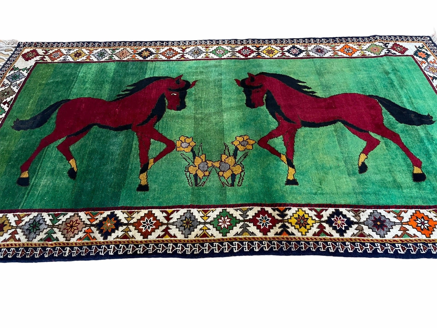 4 X 7 Handmade Rug Zagros Quality Wool Pictorial Horses Green Butterfly Colorful - Nuvé