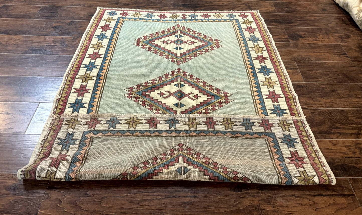 Turkish Kazak Rug 4x6, Geometric Medallion, Caucasian Design Rug, Semi Antique Vintage, Mint Green Maroon Ivory - Nuvé