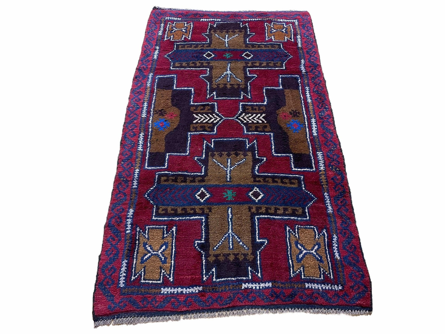 2' 10" X 4' 9" Vintage Handmade Tribal Wool Rug Balouchi Rug Afghan Rug Red Blue - Nuvé