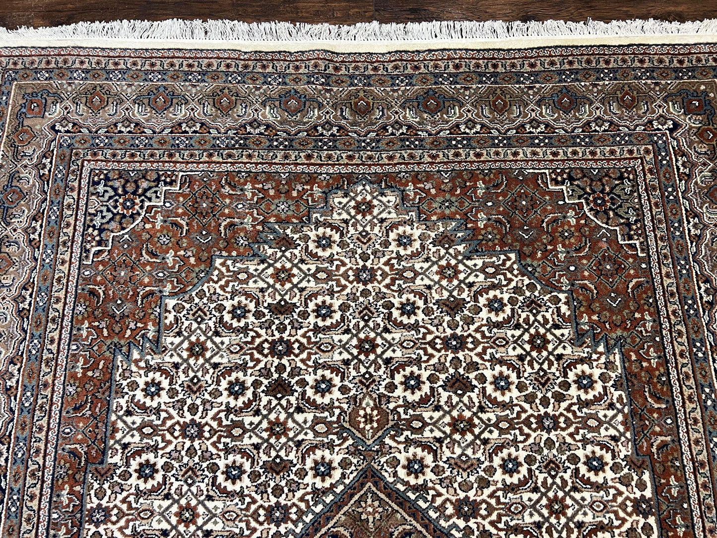 Indo Persian Rug 7x10 ft, Hand Knotted Wool Vintage Oriental Carpet 7 x 10, Traditional Handmade Herati Bidjar Cream Rug, Medallion Rug - Nuvé