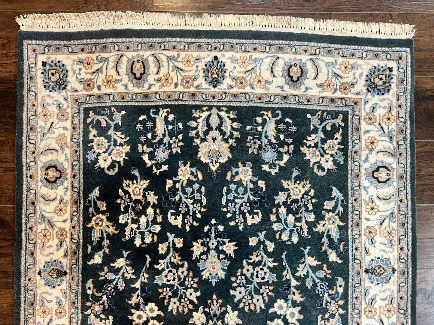 Green Indo Persian Rug 4x6, Floral Allover, Handmade Vintage Oriental Carpet, Sarouk Rug, Wool - Nuvé