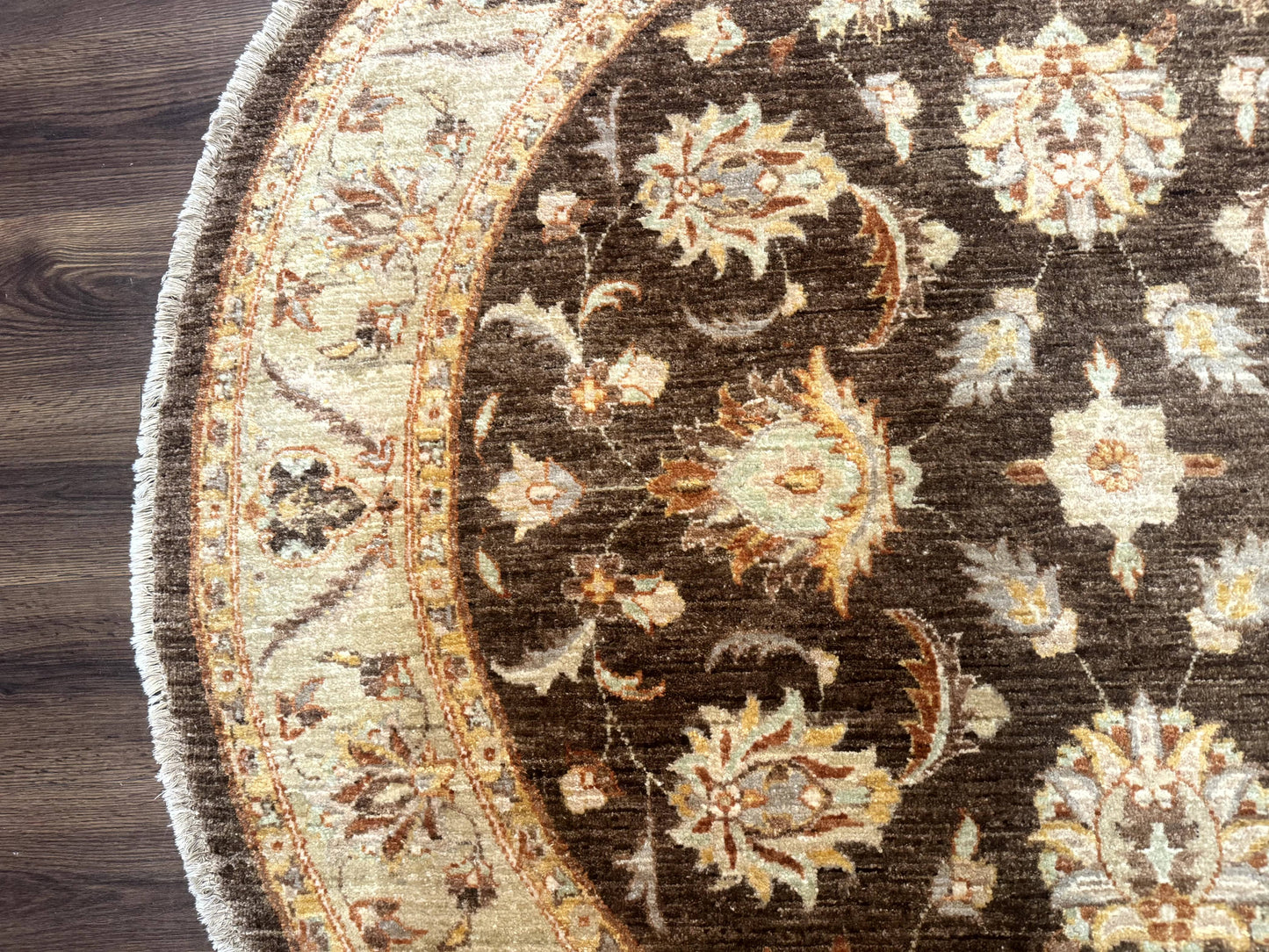 Round Pakistani Rug 6x6, Brown and Beige, Floral, Peshawar Rug, Traditional - Nuvé