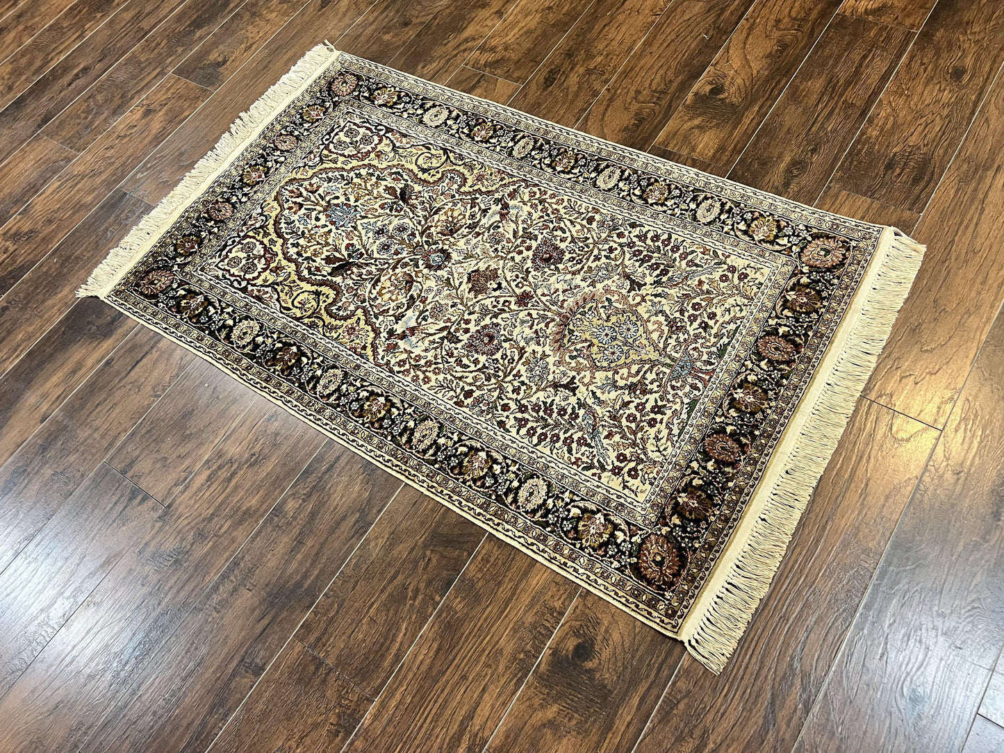 Turkish Kayseri Silk Rug 3x5, Tree of Life Silk Oriental Carpet, Birds Persian Vase Design, Hand Knotted Vintage Fine Rug, 340 KPSI - Nuvé