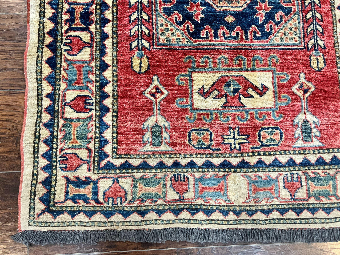 Turkish Kazak Rug 3x4, Wool Hand Knotted Small Vintage Carpet, Red Navy Blue, 3 x 4 Oriental Rug, Geometric Design - Nuvé