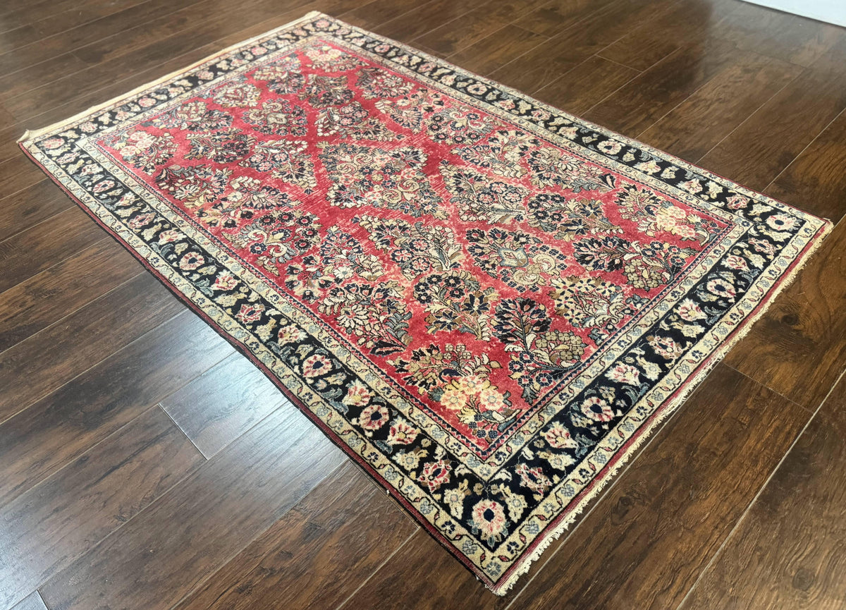 Antique Persian Sarouk Rug 4x7, Floral, Red 1920s Persian Wool Carpet