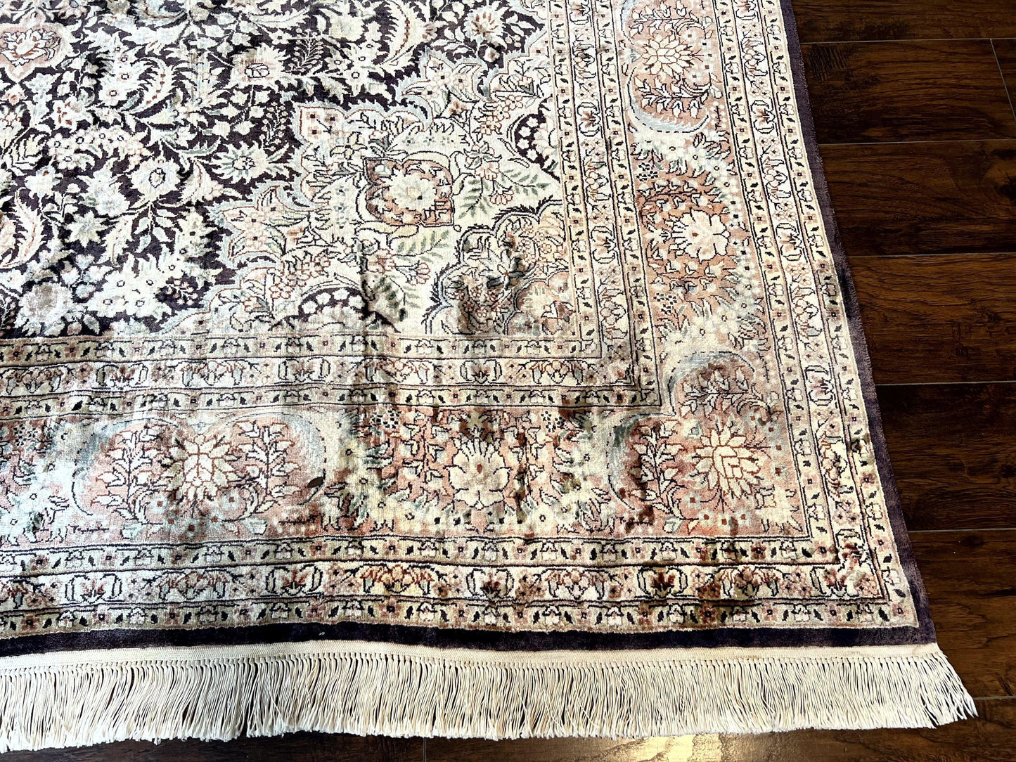 Silk Indian Kashmiri Rug 8x10, Floral Medallion, Indo Persian Carpet, Handmade Vintage Silk Rug - Nuvé