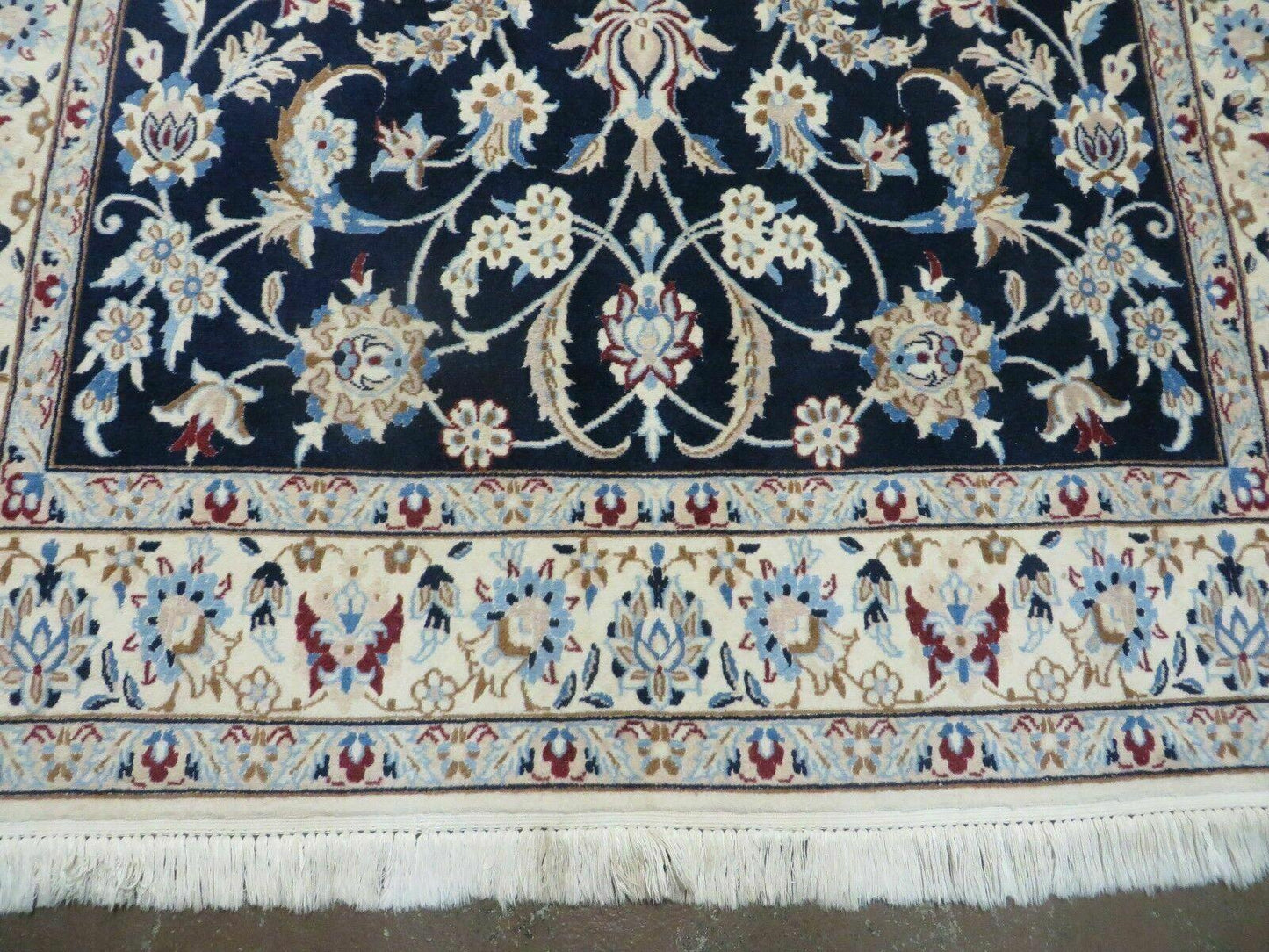 Persian Nain Rug 4x7, Navy Blue and Ivory, Handmade, Wool & Silk Highlights, Fine Oriental Rug, Vintage - Nuvé