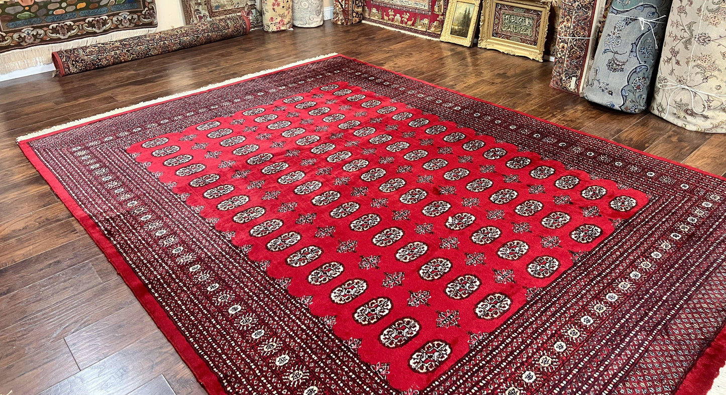 Turkoman Rug 8 x 11.6, Red Bokhara Pakistani Carpet, Wool Handmade Vintage Rug - Nuvé