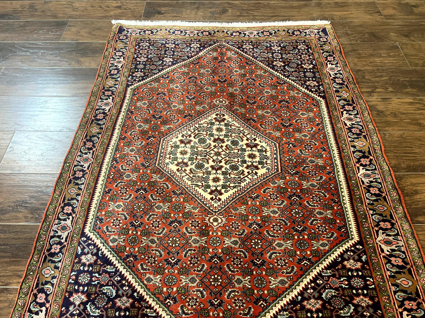 Persian Bidjar Rug 4x5, Finely Hand Knotted Vintage Carpet, Red and Navy Blue, Handmade Wool Rug, 180 KPSI - Nuvé
