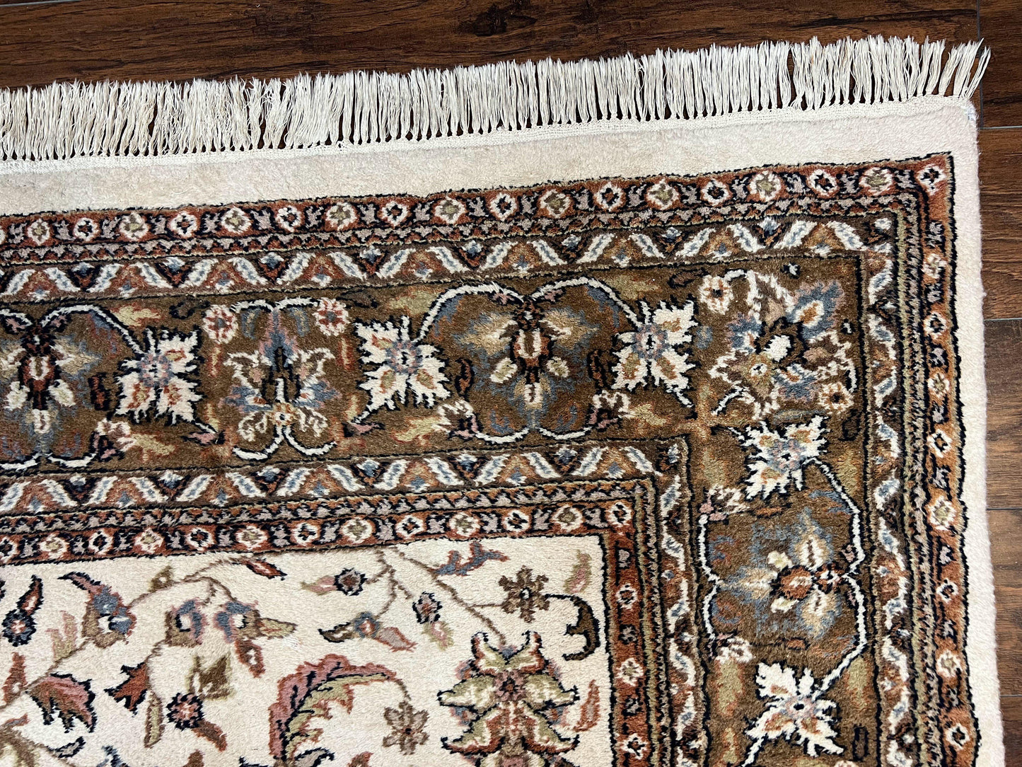 Indo Kirman Rug 8x12 Allover Floral Design, Ivory/Cream Brown, Vintage Handmade Hand Knotted Rug, Traditional Wool Persian Carpet 8 x 12 - Nuvé