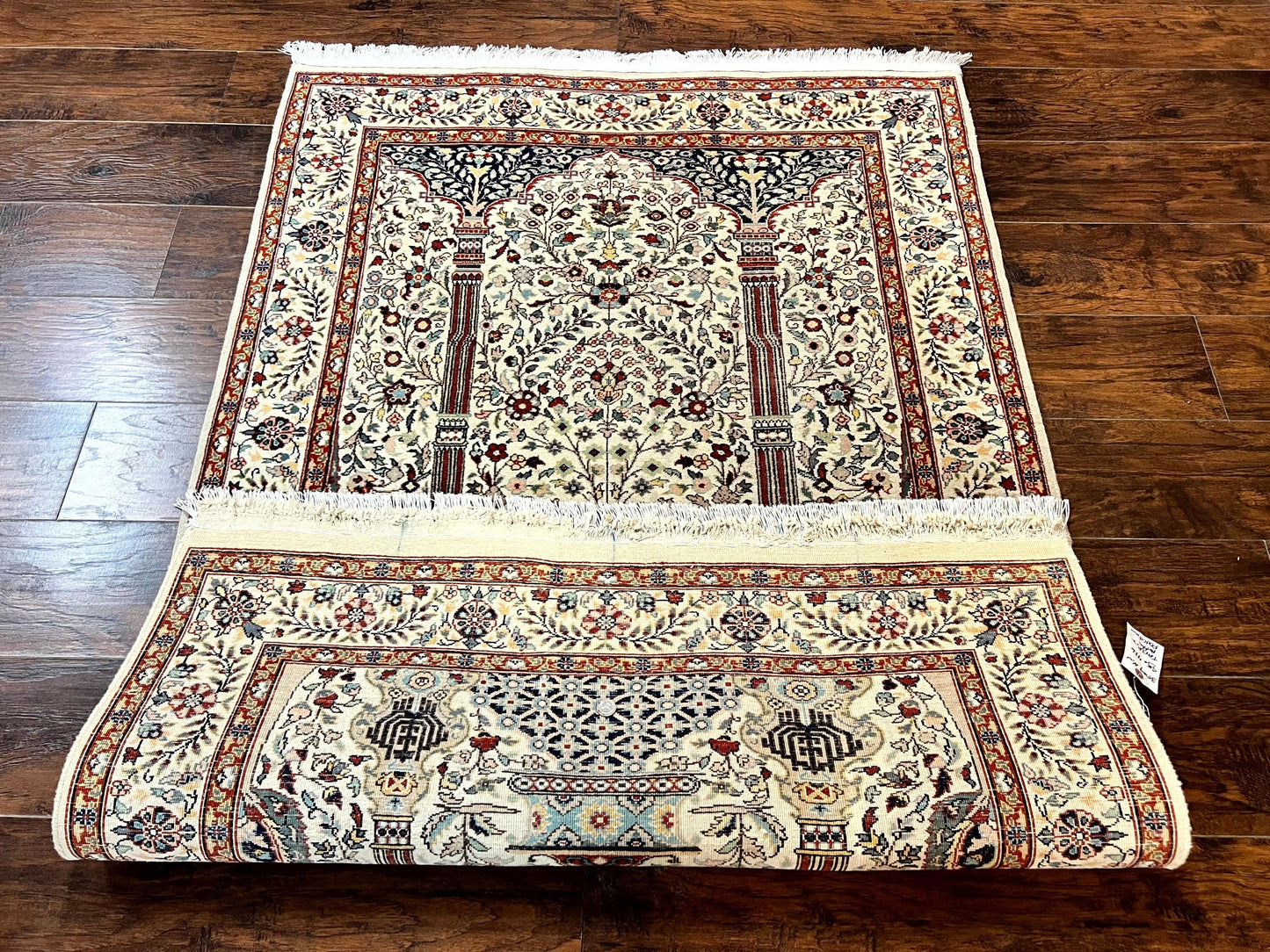 Pak Perisan Prayer Rug 4x6, Tree of LIfe Carpet, Handmade Vintage Wool Rug, Beige, Floral Vases - Nuvé