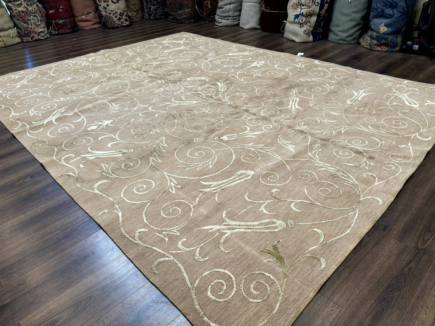 Tibetan Rug 9x12 Wool and Silk Beige Modern Handmade Carpet - Nuvé