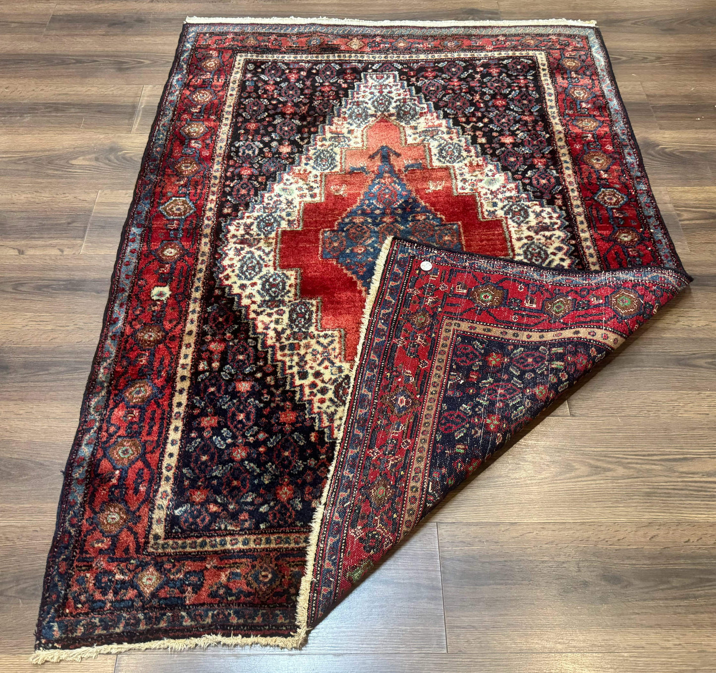 Antique Persian Kurdish Senneh Rug 4x5 Tribal Carpet Wool Geometric Medallion - Nuvé