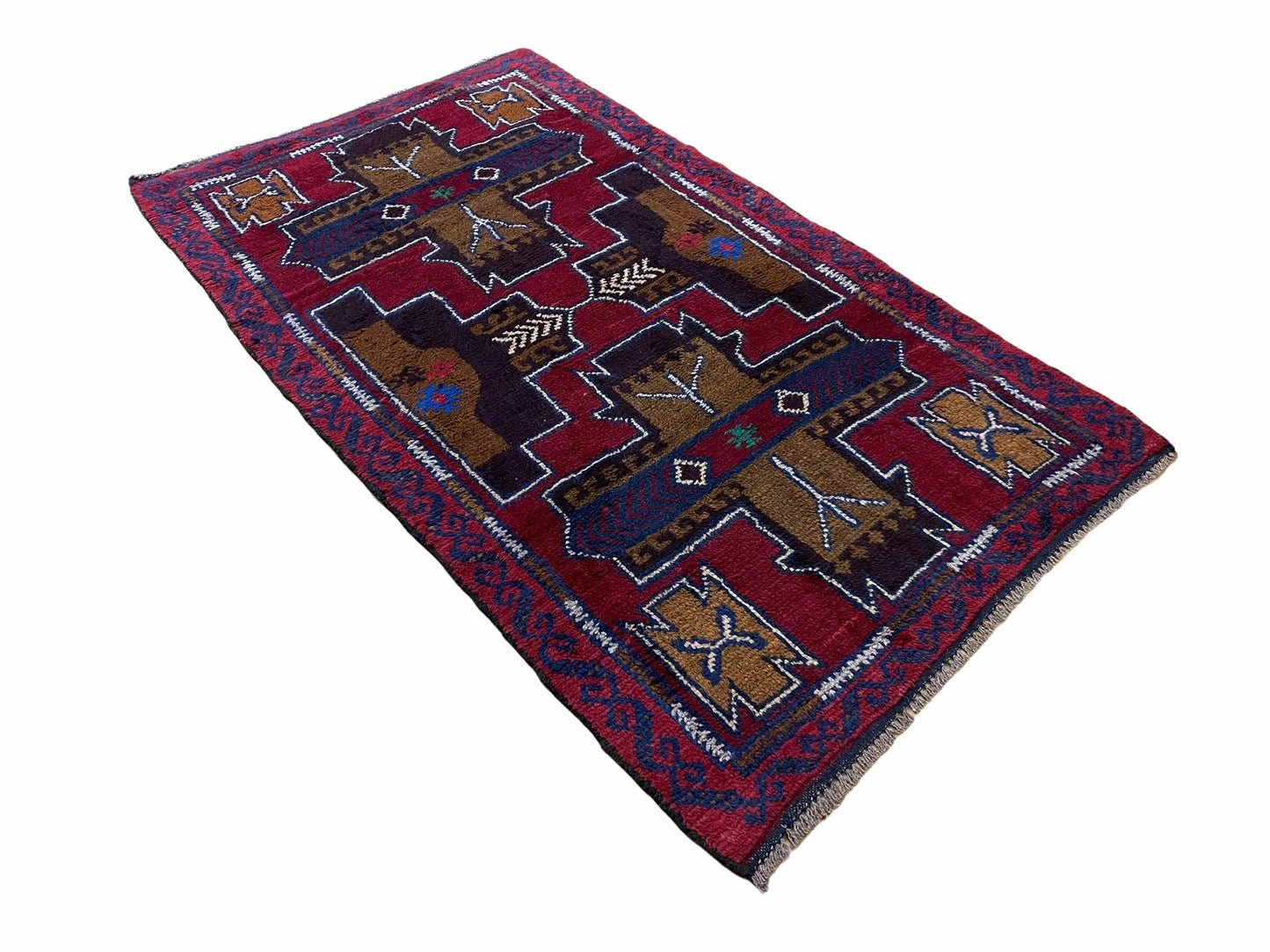 2' 10" X 4' 9" Vintage Handmade Tribal Wool Rug Balouchi Rug Afghan Rug Red Blue - Nuvé