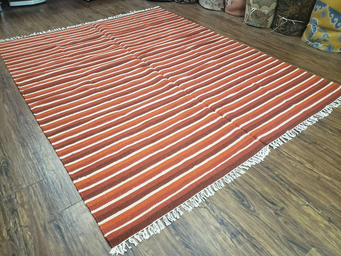 Large Striped Woolen Handmade Throw Blanket, Twin Size Bedding Hand-Woven, Indian Kilim Area Rug, 6x8 - 7x8, South American Style Textile - Nuvé