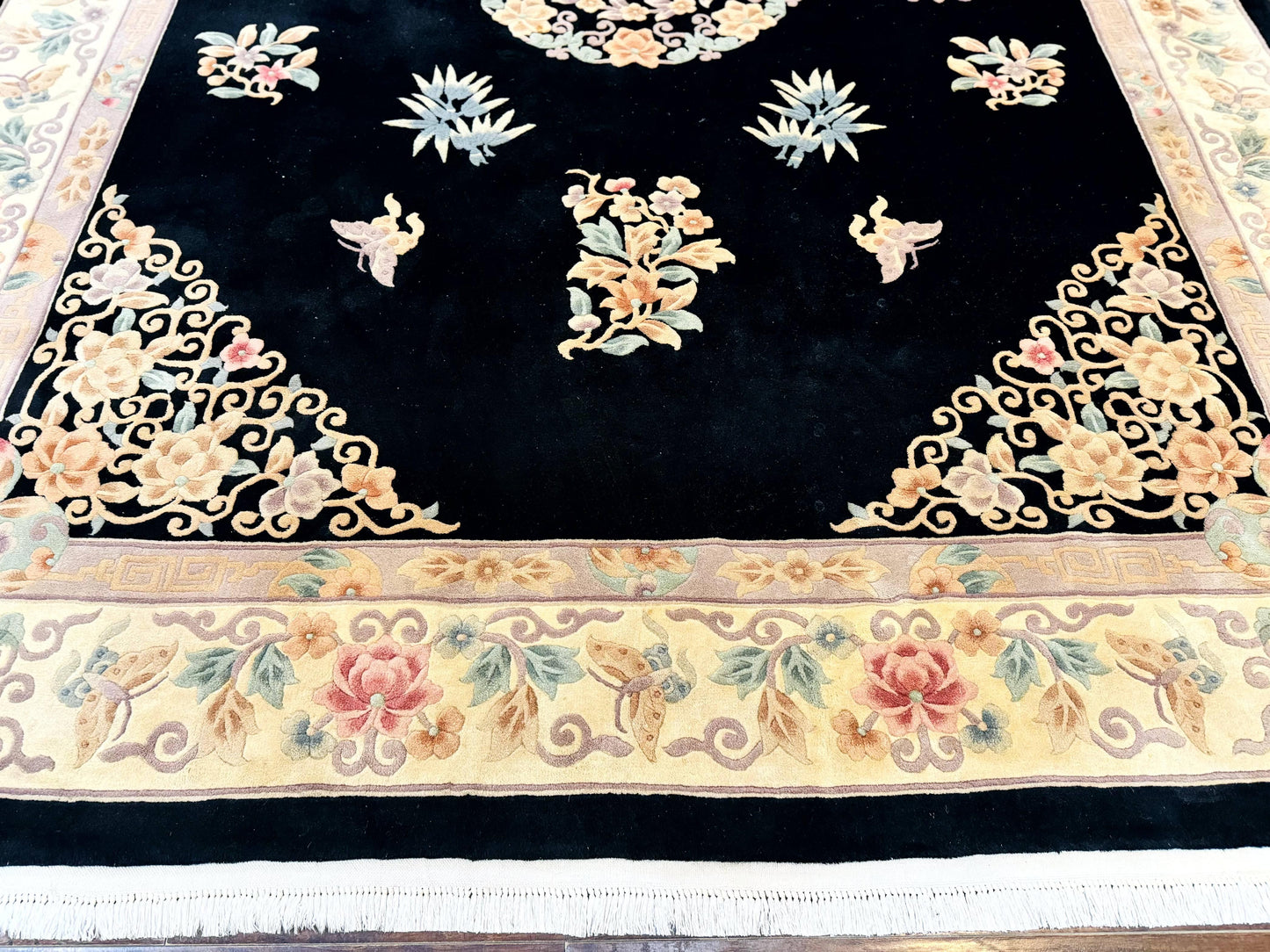 Chinese Wool Rug 9x12, Chinese Carving Carpet, Floral Medallion, Black and Beige, Butterflies, Vintage Asian Oriental Rug, 90 Line Rug - Nuvé