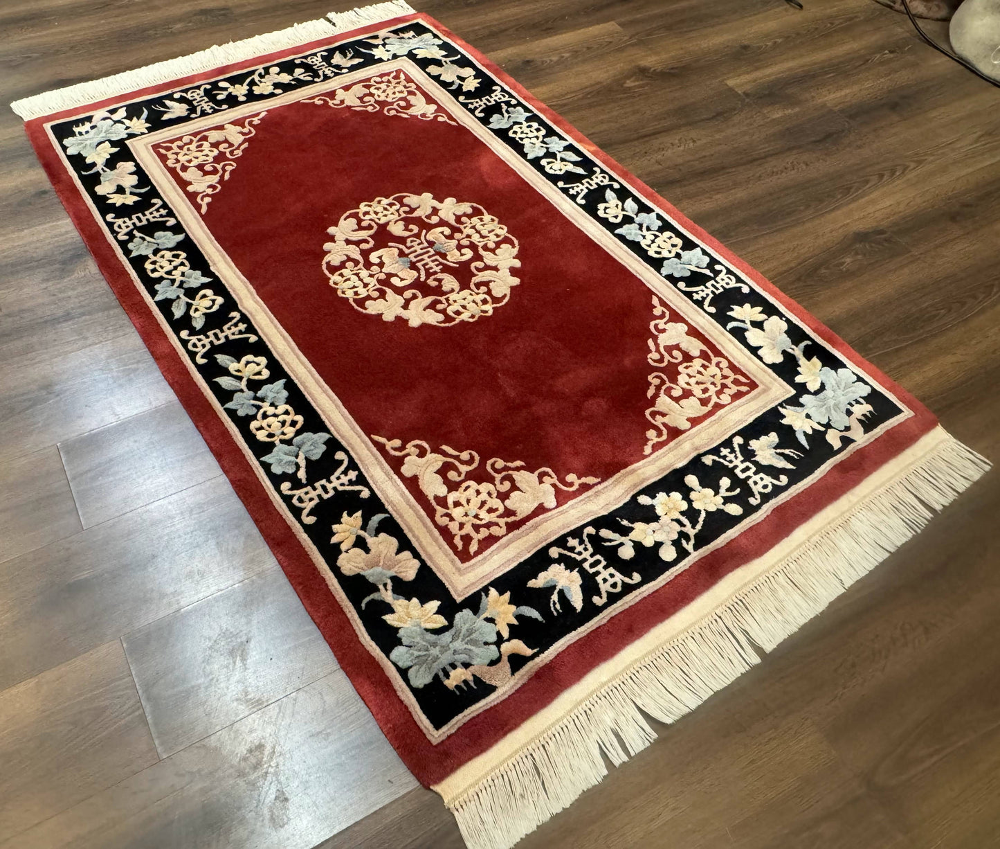 Dark Red Chinese Wool Rug 4x6, Chinese 90 Line Rug, Carving Rug, Handmade, Pair B - Nuvé