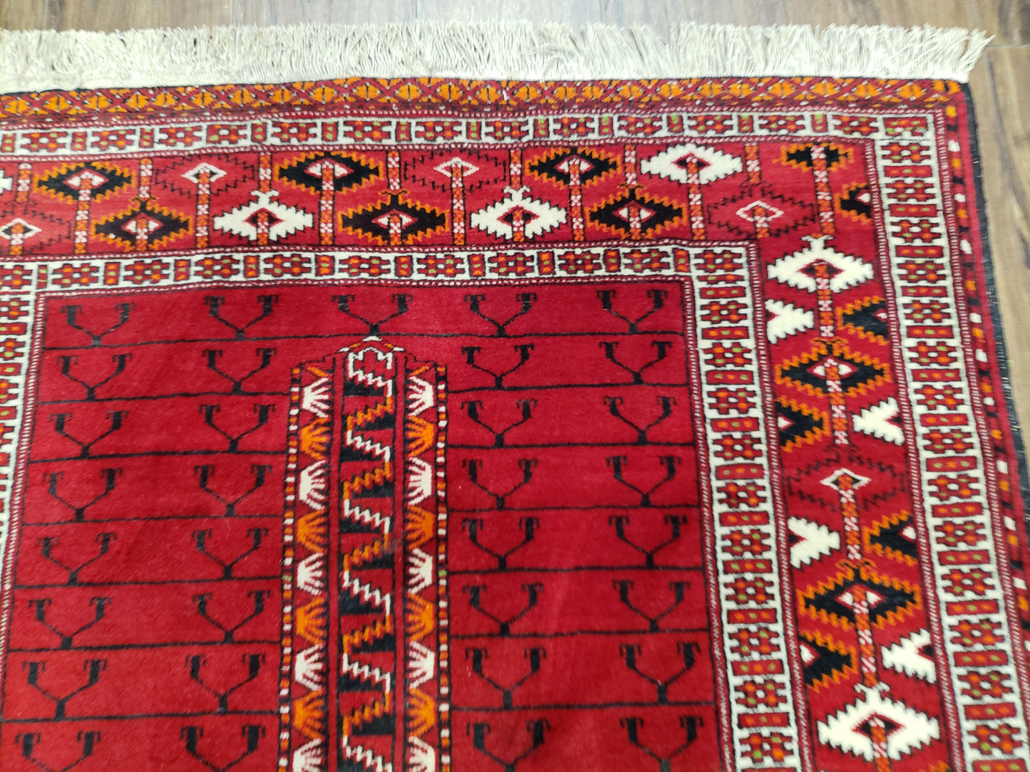 Antique Persian Turkoman Rug 4x5, Hatchli Tekkeh Ersari Red Tribal Rug, Handmade Wool Oriental Carpet, Four Seasons Rug - Nuvé