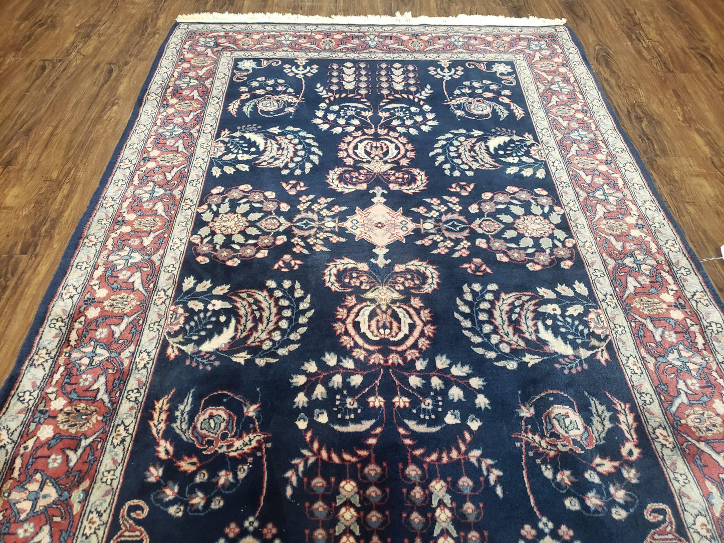 Dark Blue Indo Persian Rug 4x6, Medium Size Hand Knotted Oriental Carpet, Traditional Floral Indian Rug, Blue and Red Entryway Rug, Wool Rug - Nuvé