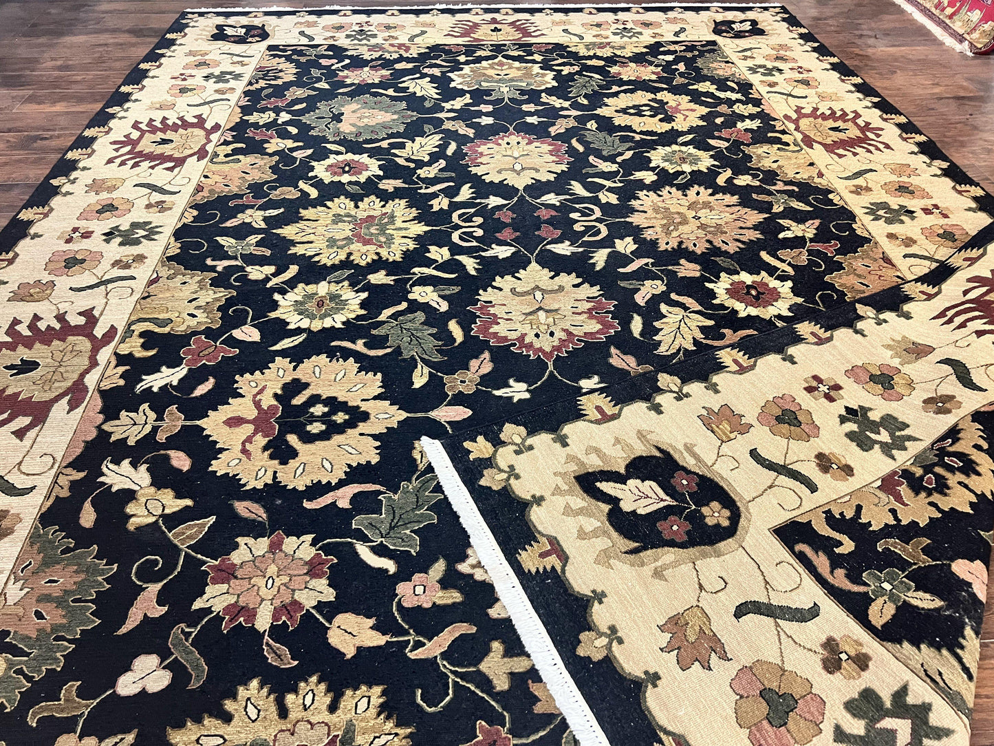 Indo Persian Rug 10x14, Wool Handmade Room Sized Floral Oriental Carpet, Indian Mahal Flatweave Rug, Black Beige - Nuvé