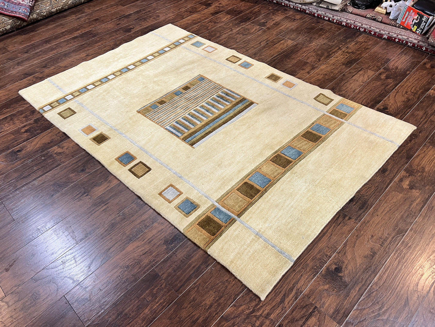 Tibetan Rug 5x8, Contemporary Rug 5 x 8 ft, Cream Brown Blue Hand-Knotted Wool w/ Silk Highlights Tibetan Carpet, Modern Rug - Nuvé