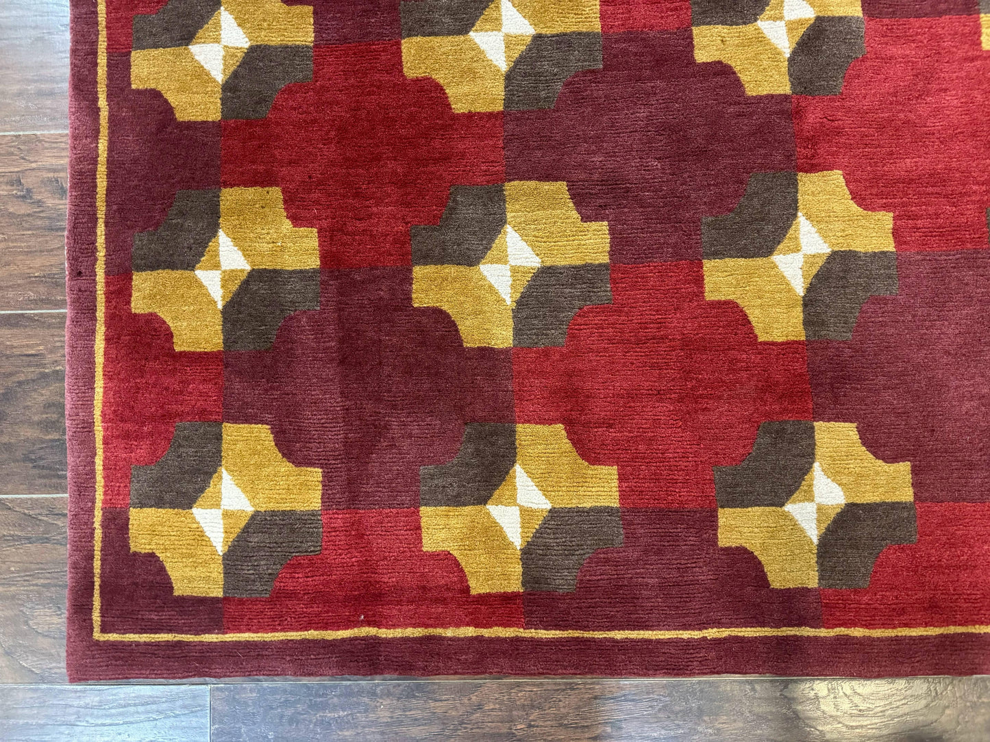 Modern Tibetan Rug 5 x 6.8, Wool, Red, Allover Pattern, Nepali Rug, Abstract Rug, Handmade Area Rug - Nuvé