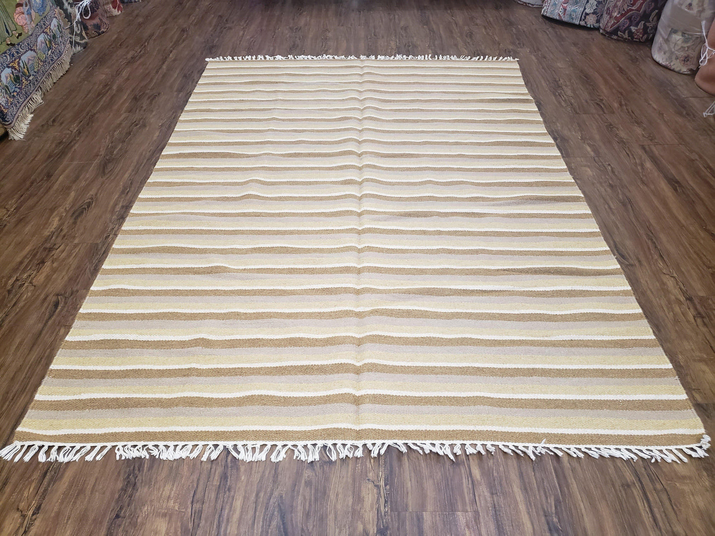 New Indian Striped Blanket, Multicolor Earthern Tones Kilim Rug, Wool Handmade South American Style Blanket, Queen Sized Bedspread 5x8 - 6x8 - Nuvé